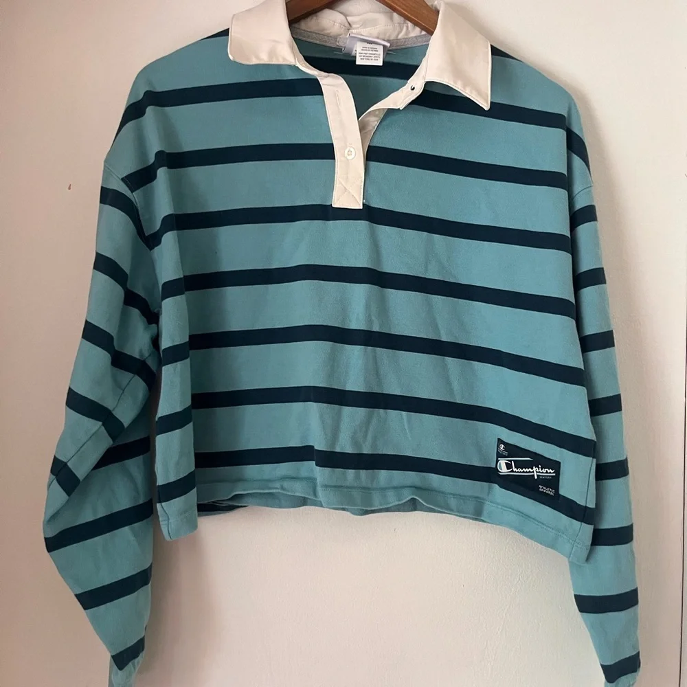Champion Striped Rugby Polo in Teal, Navy & White - Picture 1 of 2
